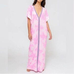 Pitusa Inca Pink/White Tie-Dye Short Sleeve Long Maxi Dress Pima Cotton Medium